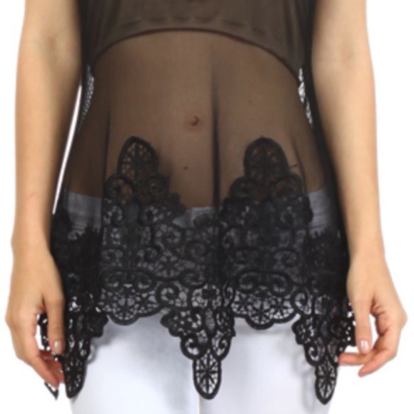 Black Embroidered mesh Tank Top with scalloped hem - Picture 8 of 8